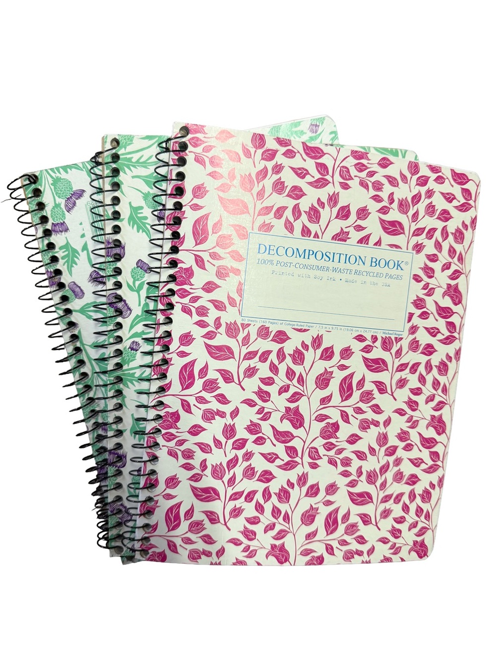 Decomposition Book Spiral Notebooks- Pink Leaf Pattern/ Floral Design